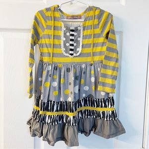 Jelly The Pug | Yellow Gray Striped Polka Dot Dress
